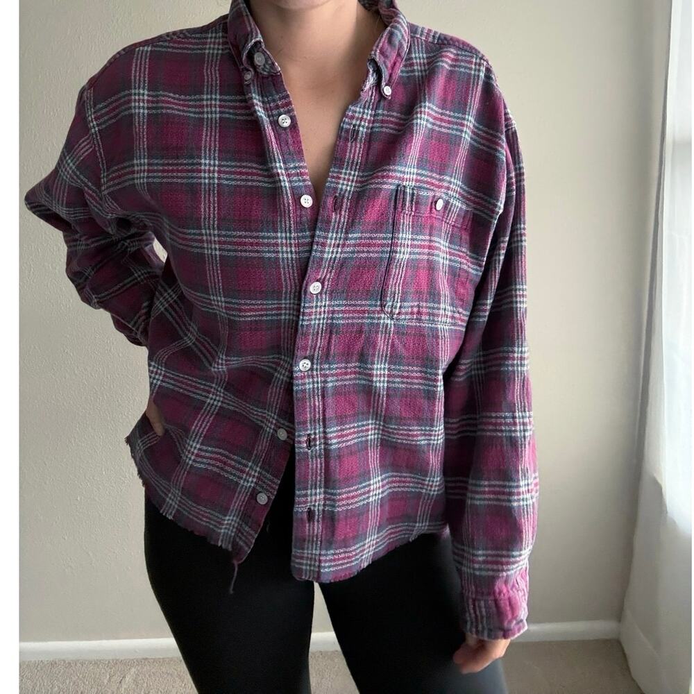 Vintage Sasson Cropped plaid Button Up purple fall gorpcore granola outdoors